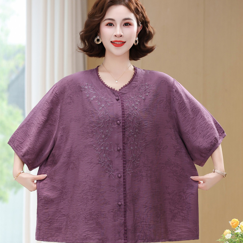Plus Size Women's Clothing 100kg Summer New Chinese Style Cotton and Linen Shirt Middle-Aged and Elderly Mothers Cardigan Short-Sleeved Linen T-Shirt Top
