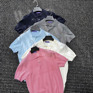 14-pin cotton and linen knitted short-sleeved polo shirt for men