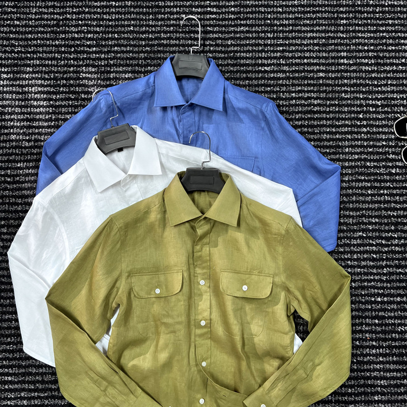 Cssugent Queen of Naples 100 Linen Old Money Double Flap Pocket Pants Shirt Men's Back Waterfall Pleated Shirt