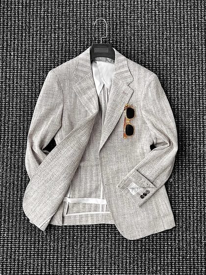 CssuGent定制级人字纹棉麻无结构西服男士休闲商务通勤平驳领西装