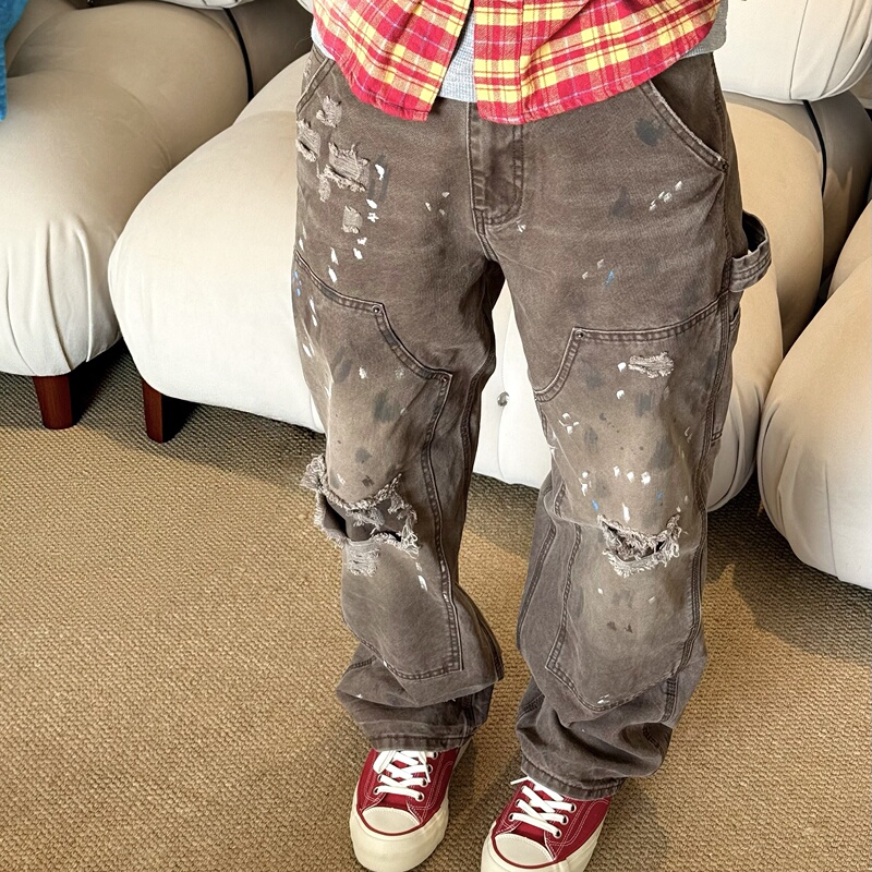 Red Star Heavy-Duty Washed Distressed Double-Knee Lumberjack Pants with Splatter Paint Vintage Workwear Pants American Retro Straight-Leg Trousers