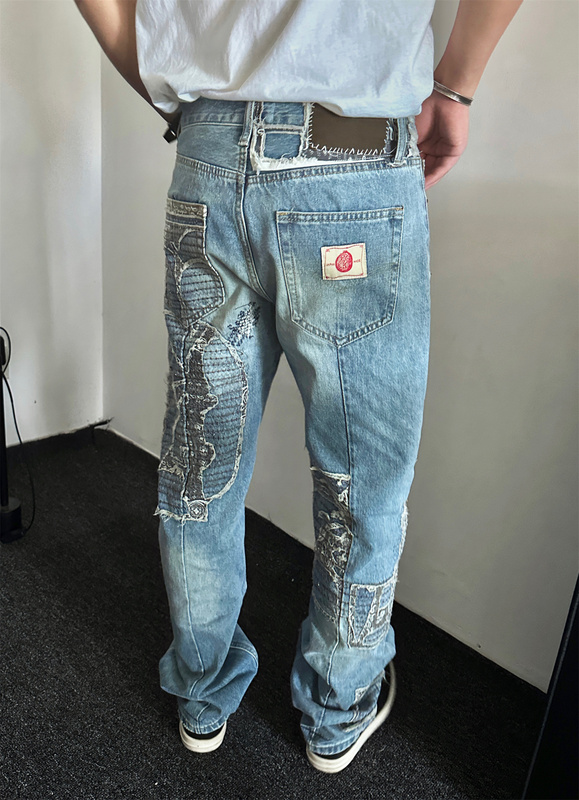 Red Star Vintage Patchwork Washed Denim Jeans Vujade Heavy Embroidery Straight-Leg Pants Ken Same Style Distressed Boro