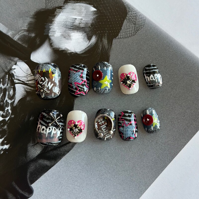 Yj Handmade Wearable Nails ins Metallic Style Sweet Cool Manicure Korean Denim Patchwork Fake Nail Tips Short Square Round