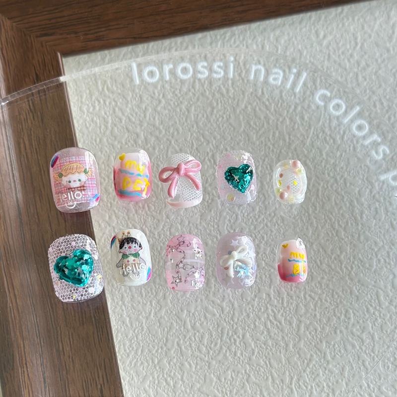 Yj Handmade Wearable Nails ins Cute Sweetheart Girly Style Childlike Nail Art Stickers Short Square Round Fake Nail Stickers