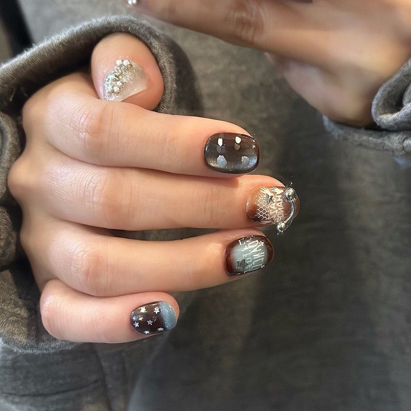 Yj Handmade Wearable Nails ins Style High-End Caramel Color Nail Art Gradient Star False Nails Short Nail Art