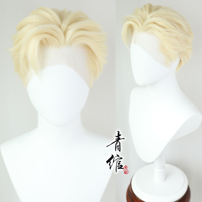 Wig Men's Short Hair Style Front Lace Hand Hook Headgear 613 Light Gold Handsome Boy Boyish Wig Set