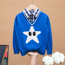 (pick up price) special price clearance full cotton spring autumn boy sweater pure cotton thin section Children clothing fake two-knitted sweatshirts