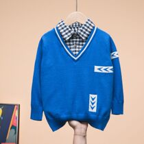 Full cotton spring autumn boy sweater pure cotton thin covered head childrens clothing line fake two sets of knitted sweatshirt