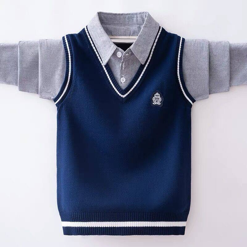 Spring thin cotton boy long-sleeved pullover fake two-piece cotton knitted sweater boy bottoming shirt