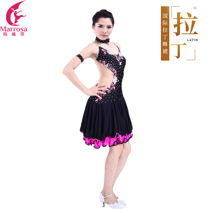 Marrosa Latin Dance Dress V-collar with cake wave dress swing for Latin Show