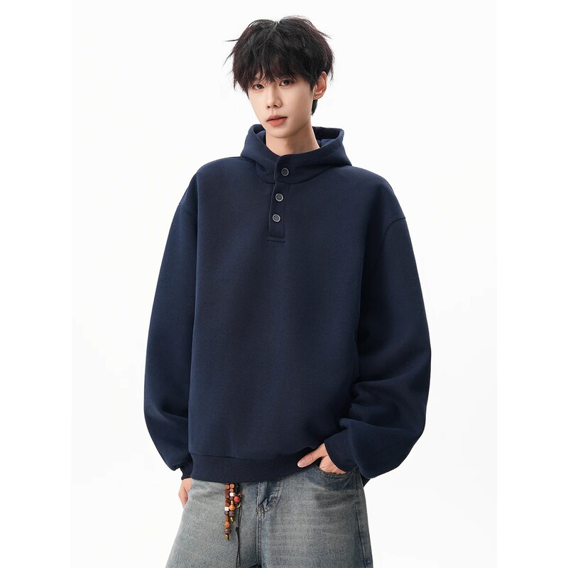 Kuraishi Kazuki's Heavy-Duty Navy Blue Button-Up Sweatshirt for Men, New Autumn Style, American-Style Loose-Fitting Hooded Casual Sports Hoodie