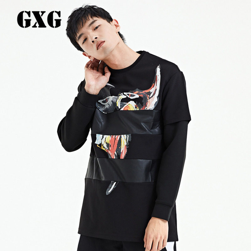 GXG男装 男士黑色拼接个性印花街头运动圆领短袖潮T恤#61144218