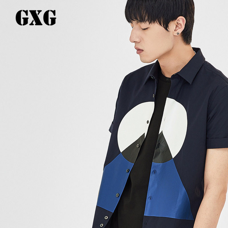 GXG男装 夏季韩版时尚藏青色休闲短袖衬衫男#62223270