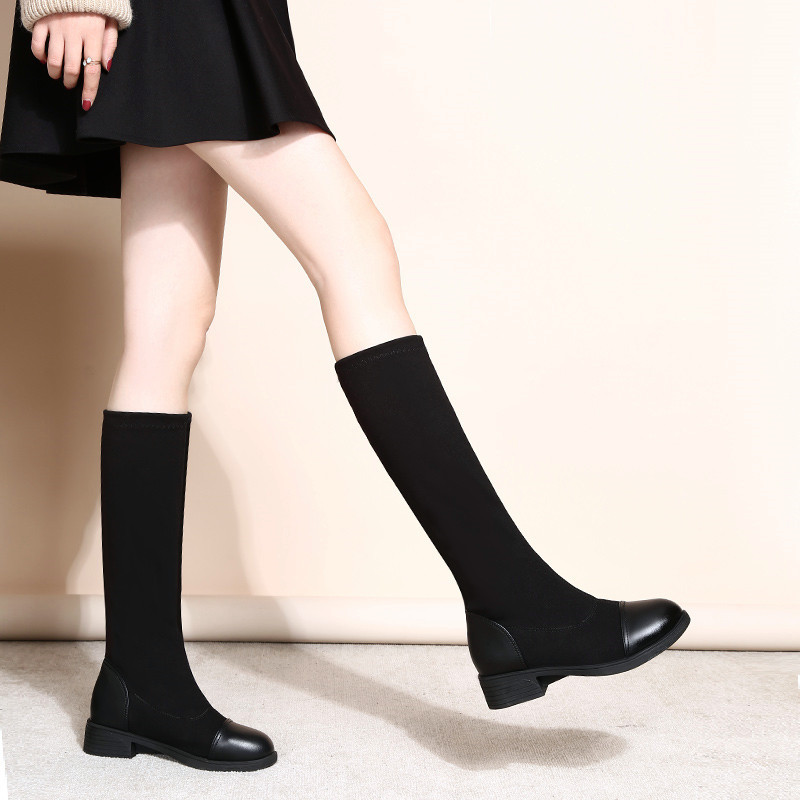 2026 Spring and Autumn New Fashion Sexy Mid-Calf Boots Women's High Sock Boots Chunky Heel Flat Slimming Elastic Fabric Boots