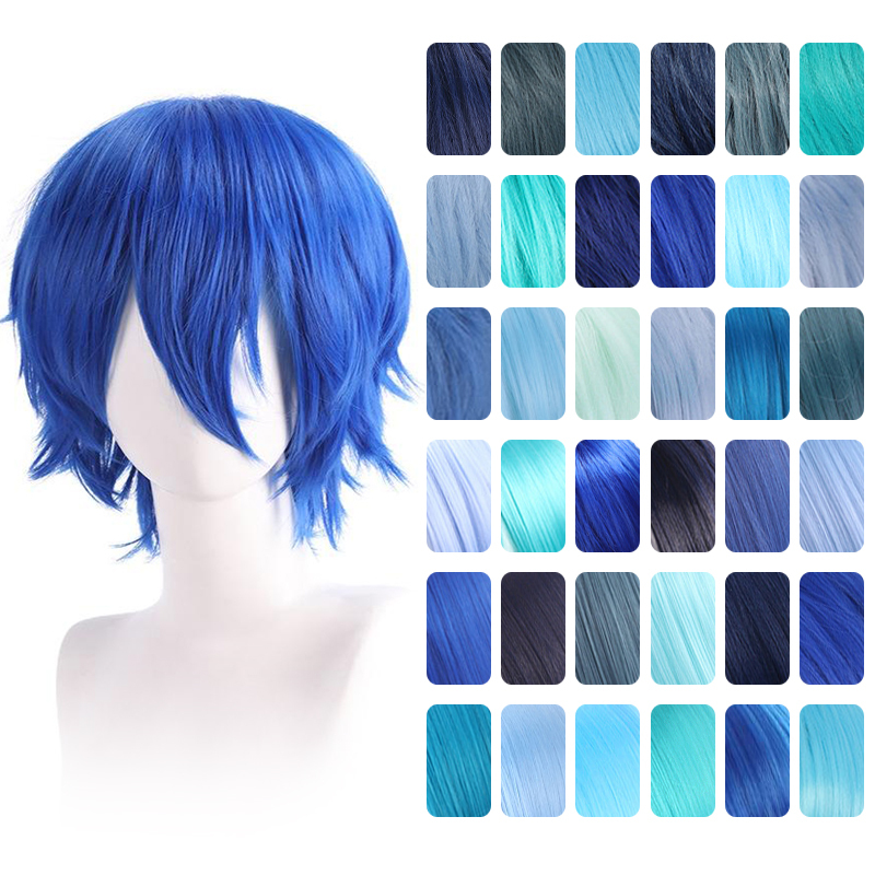 Drifting Wig Blue Versatile Cos Short Hair with Flipped Ends, Face-Slimming, Fluffy Bob, Dark Blue, Light Cyan, Tibetan Blue, Rose Net