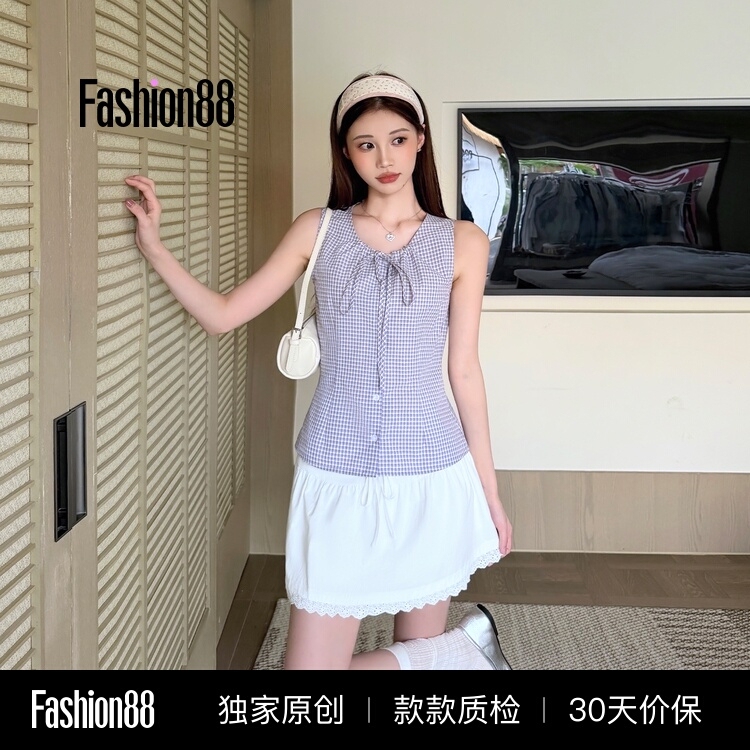Iamannieww2026 New Summer Style Feminine Versatile Plaid Sleeveless Shirt Bow Vest Top Trendy Iamannieww2026 New Summer Style Feminine Versatile Plaid Sleeveless Shirt Bow Vest Top Trendy