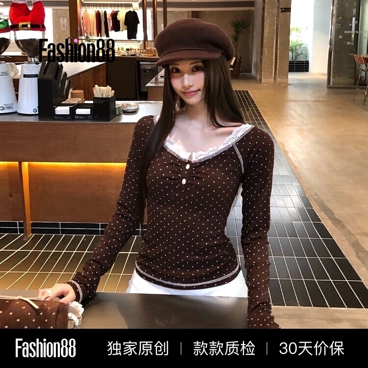 Iamannieww Spring and Autumn Women's Top with Polka Dot Lace Splicing Long-Sleeve Blouse Versatile Slimming T-Shirt Base Shirt
