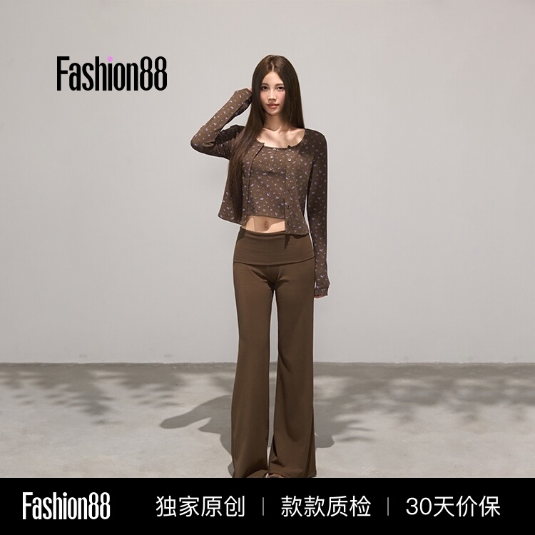 Iamannieww Cardigan Women's Sweet Suit Spring and Summer Floral Knitted Button Two-Piece Set Top Jacket Suspender