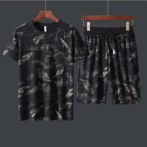 Мужской летний трендовый комплект, шелковая футболка с коротким рукавом для отдыха, шорты, оверсайз, короткий рукав