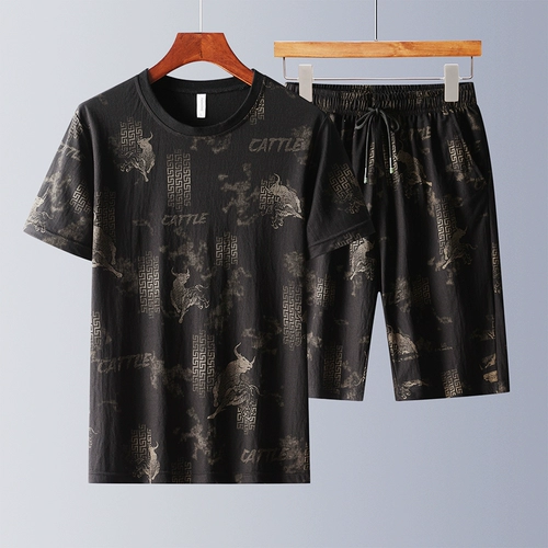 Мужской летний трендовый комплект, шелковая футболка с коротким рукавом для отдыха, шорты, оверсайз, короткий рукав