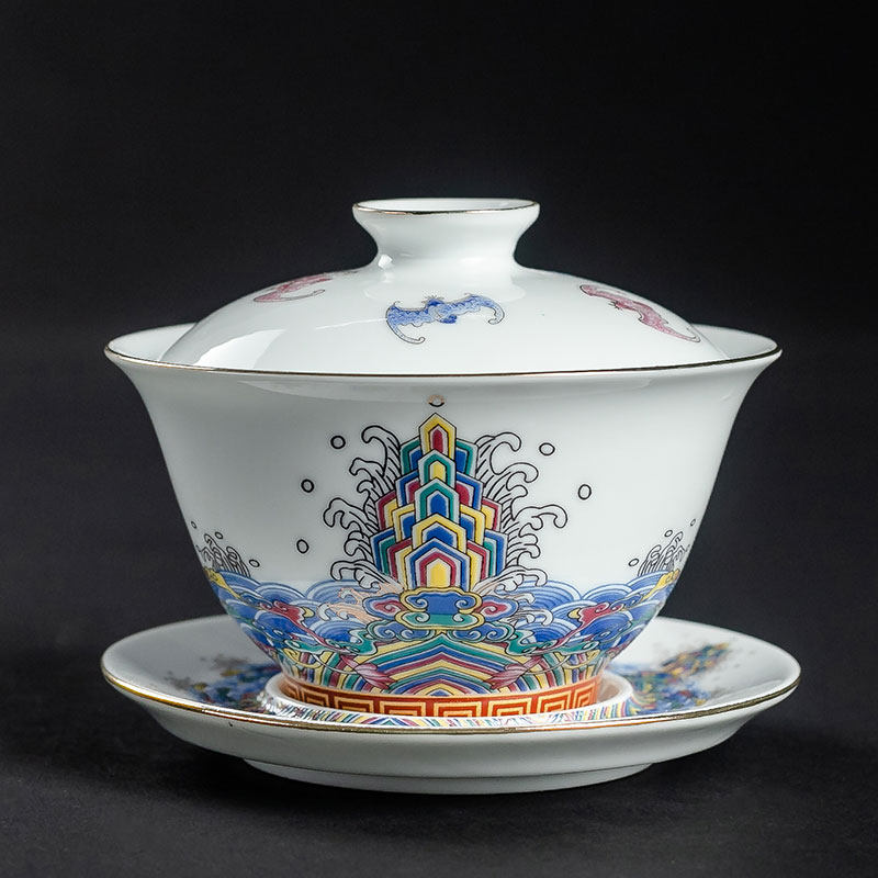 Enamel ceramic cover bowl single teacup cup cup large tea cup blue blue tea bowl white porcelain kung fu tri bowl