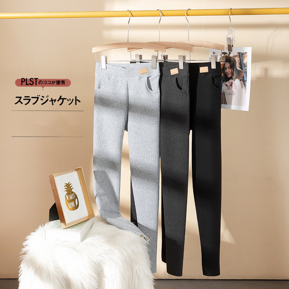 New thread grey slats underpants lamb suede thickened elastic tight fit trousers cotton outside wearing winter warm elastic pants-Taobao