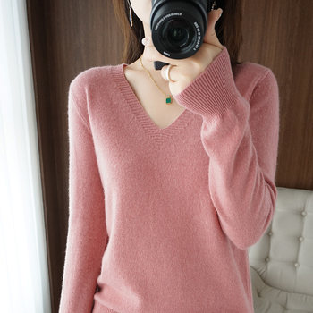 Special clearance spring and autumn thin style velvet sweater women's v-neck short pullover solid color long-sleeved knitted bottoming shirt