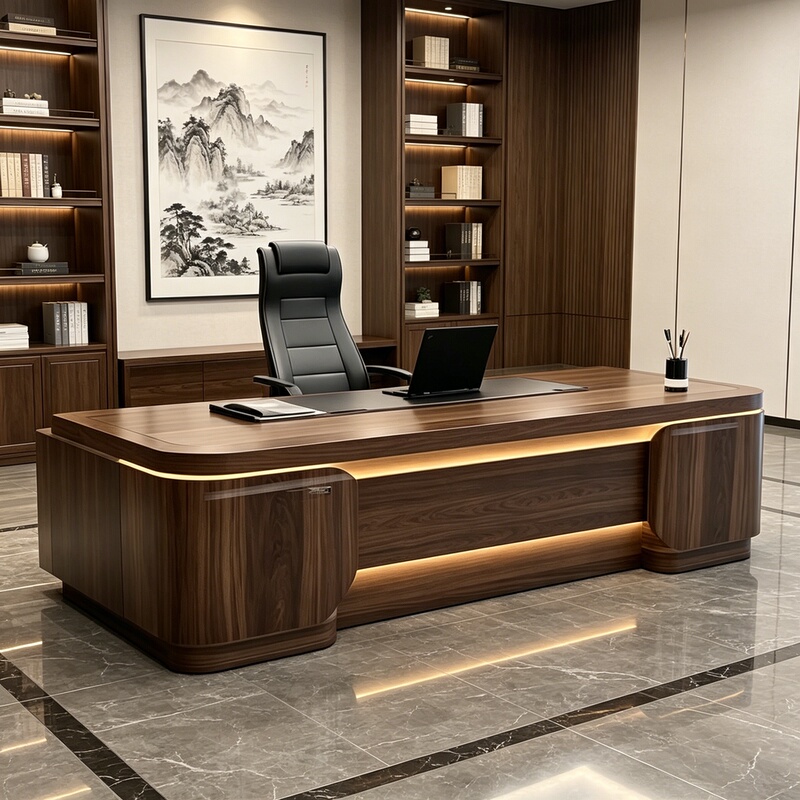 Modern Walnut Wood Arc-Shaped Executive Desk, Simple, Heavy, and Elegant, Solid Wood Single-Person Boss's Office Desk Modern Walnut Wood Arc-Shaped Executive Desk, Simple, Heavy, and Elegant, Solid Wood Single-Person Boss's Office Desk