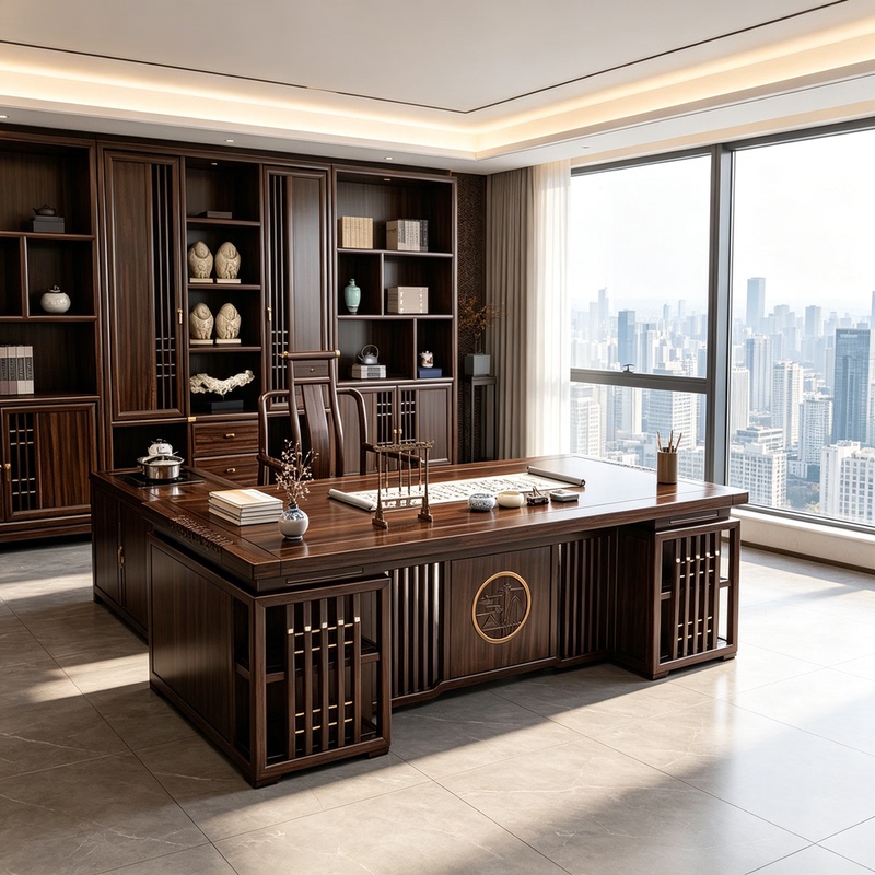 New Chinese-Style Ebony Wood Round Landscape Relief Desk with Vertical Grille Side Cabinet, Lighted Display Shelf, Study Room Office Desk and Chair New Chinese-Style Ebony Wood Round Landscape Relief Desk with Vertical Grille Side Cabinet, Lighted Display Shelf, Study Room Office Desk and Chair