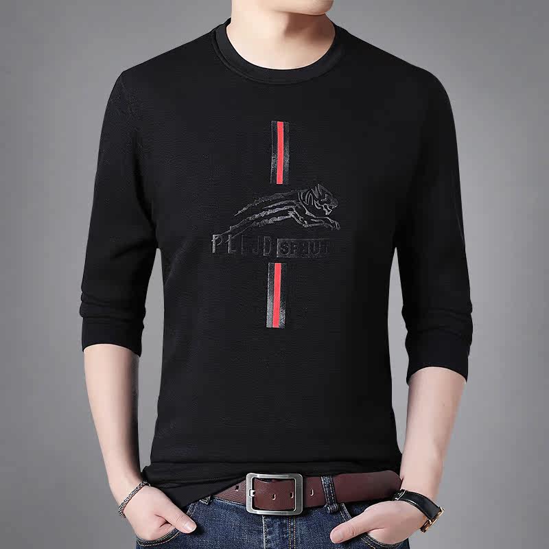 Spring and autumn new long sleeves T-shirt male youth round collar Korean version slim fit printed T-shirt Bottom Shirt Tide Men's thick T-shirt