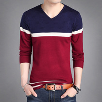 Fall new V-collar mens long sleeves T-shirt slim fit for Korean version Body Stripe Knit Undershirt Big Code Tide Men