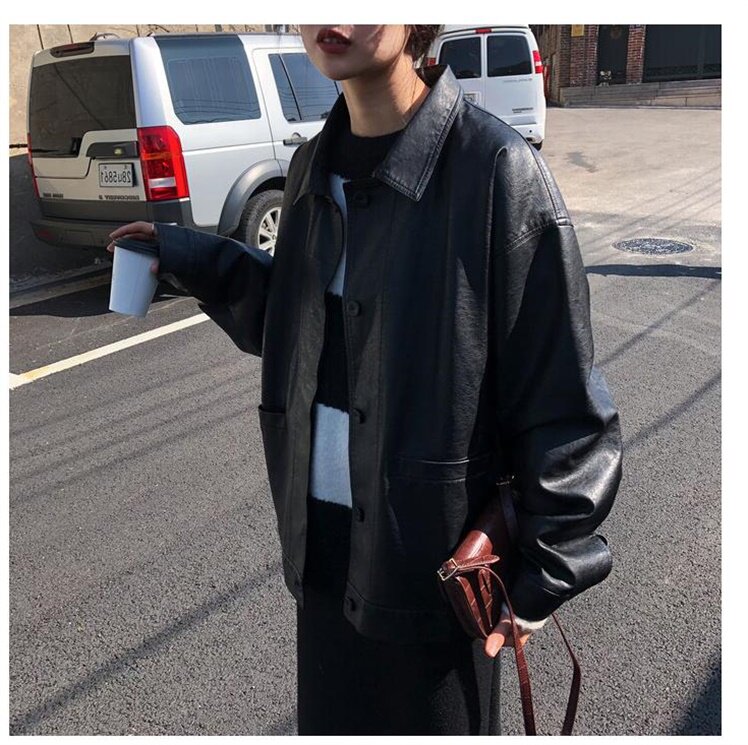 Black pu leather jacket women cool and thin 2022 spring and autumn new students Korean version bf style loose and handsome jacket jacket trend