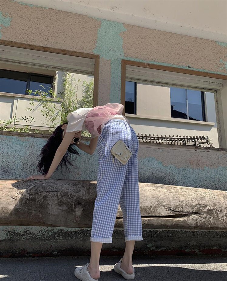 2021 spring and summer elastic high waist thin small Japanese Korean version student casual plaid small straight pants women