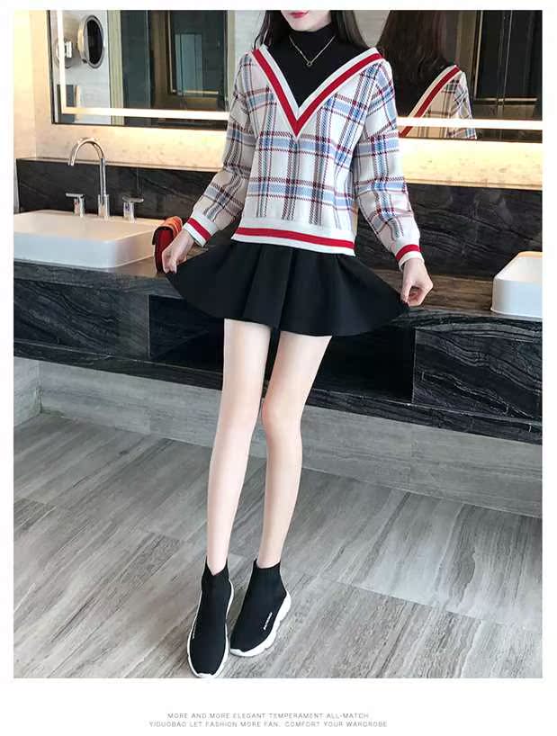 2018 phụ nữ mới của mùa thu trường gió hit màu lỏng mỏng kẻ sọc đáy một từ váy giả hai mảnh váy đầm xòe trễ vai voan