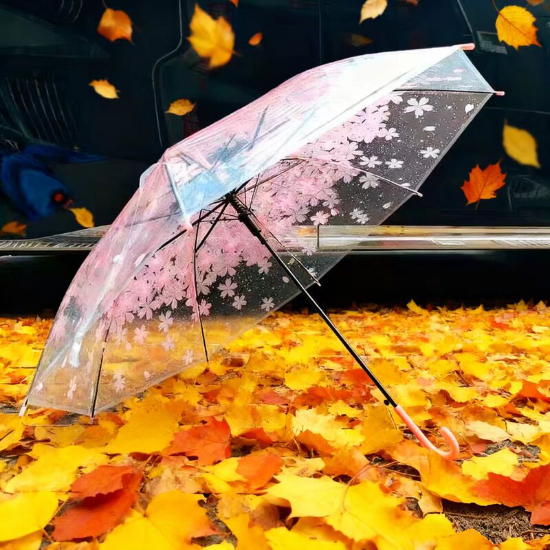 Long-Handled Transparent Umbrella with Pink Cherry Blossoms, Japanese Internet Celebrity Style, Fresh and Simple, ins Children's Girls' Student Automatic Transparent Umbrella