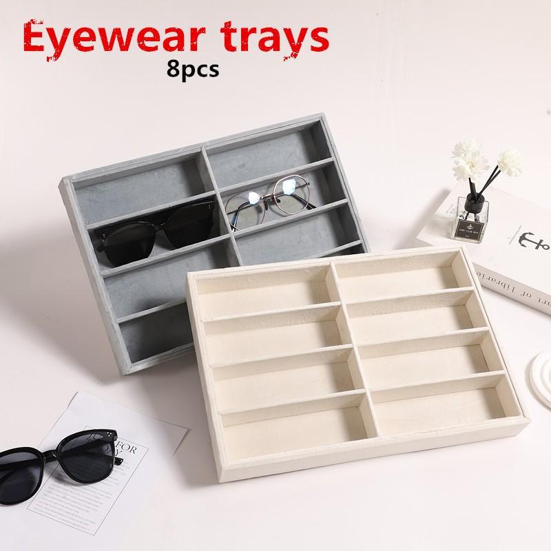 New Velvet Cloth Optical Sunglasses Storage Box with Double Rows of 8 Compartments, Glasses and Jewelry Display Tray, Available in 2 Colors