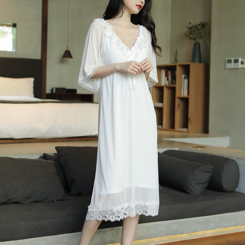 Summer short sleeve sleeping dress with chest cushion woman Modale cotton bud small sexy net yarn thin spring and autumn long sleeve sleeping clothes very fairy