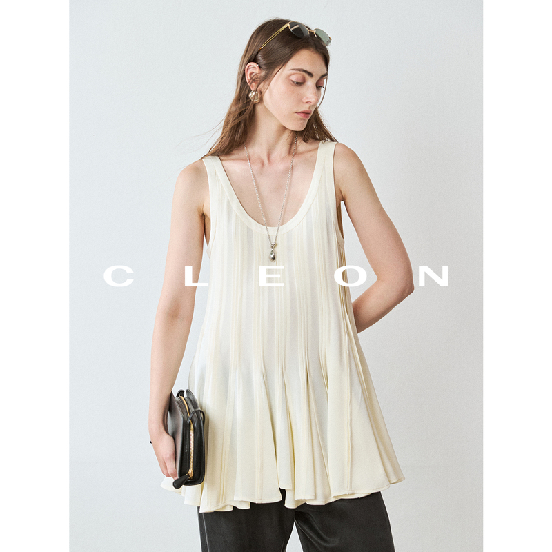 Cleon/Heavy-Duty Pleated Three-Dimensional Irregular Hem Elegant and Rhythmic Acetate U-Neck Sleeveless Camisole
