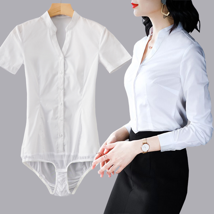 V-Neck Short-Sleeve New Style Wrinkle-Free Stretch Anti-Exposure One-Piece Shirt for Women, Professional Slim-Fit Long-Sleeve Romper Shirt