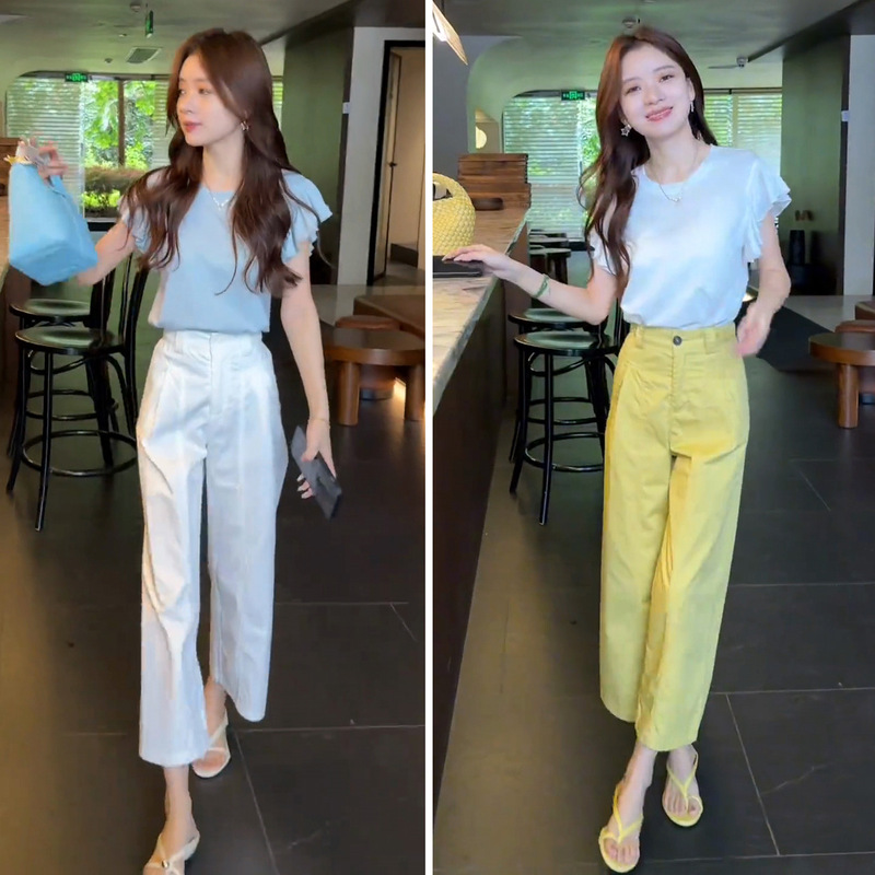 Fashion Suit for Women Summer Blue Elegant Small Flying Sleeve T-Shirt Western Style Top High Waist Casual Nine-Point Pants Two-Piece Set