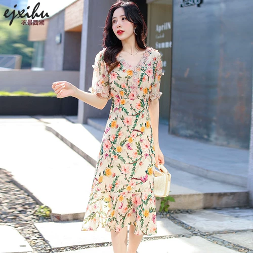 Платье, летняя шифоновая весенняя юбка, в цветочек