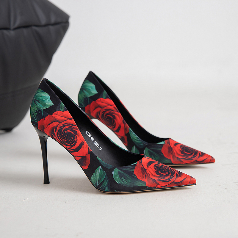 9cm New Style Women's Floral Sexy Satin Evening Party High Heels with Elegant Pointed Toe, Thin Heels, and Fashionable Print