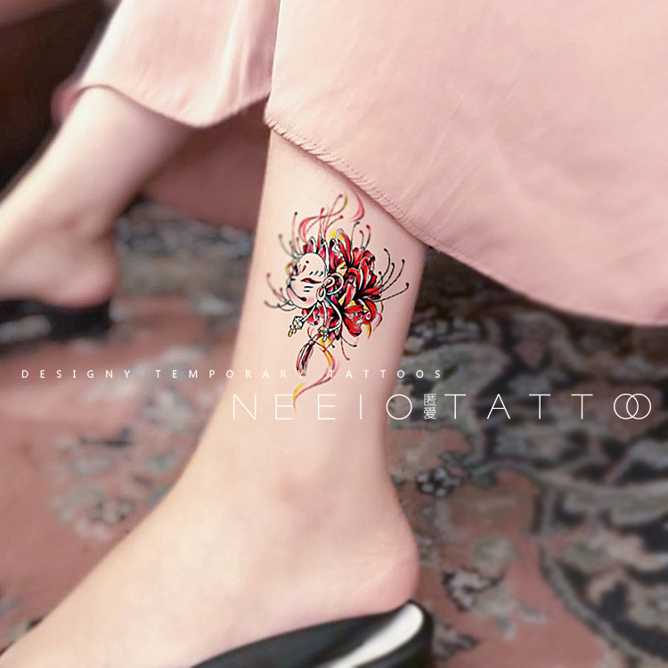Neeio纹身贴神秘狐面彼岸花日系白狐狸面具曼珠沙华脚踝防水女