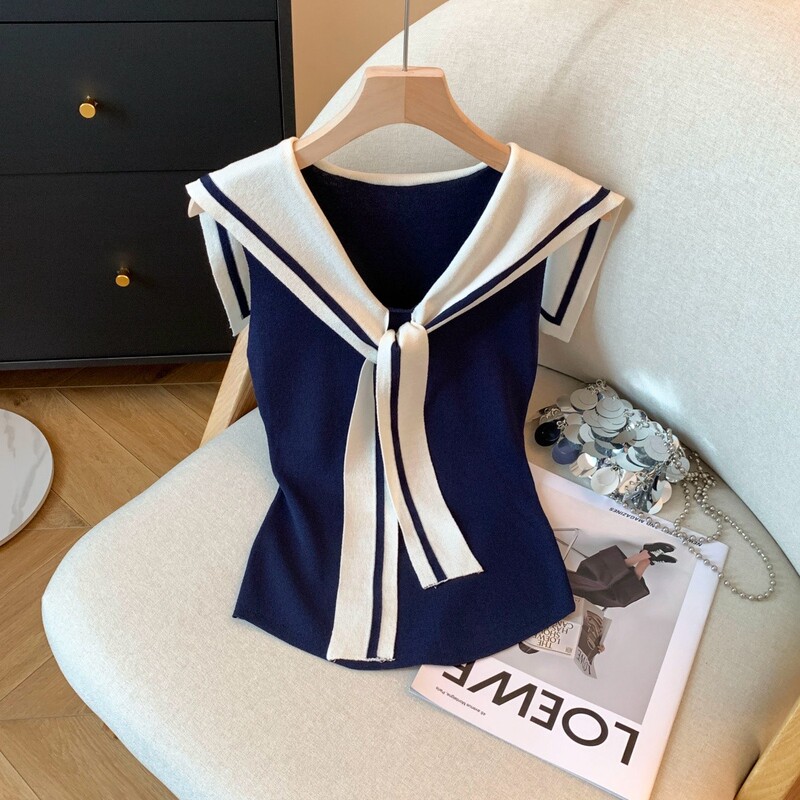 French-Style Navy Collar Faux Two-Piece Ice Silk Knitted Short-Sleeve T-Shirt for Women, Summer Color-Block Sleeveless Vest, Slim-Fit Shawl Top