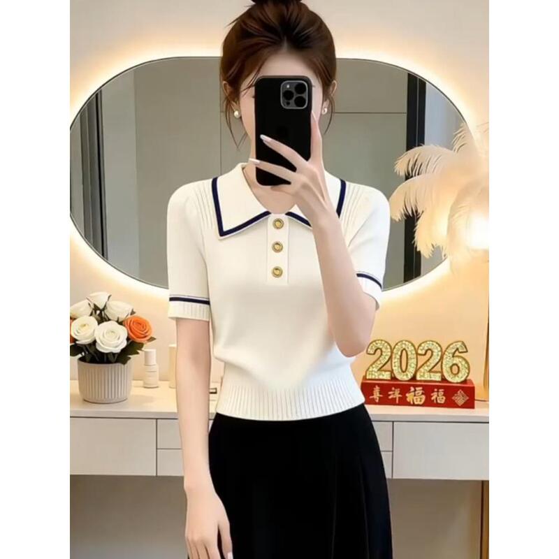 Light Luxury White Polo Collar Ice Silk Short-Sleeve Knit Top for Women, New Summer Style with a High-End Feel and Slimming Effect, Short-Length Top