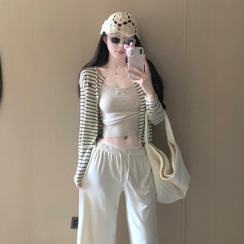 Lazy Style Striped Knitted Cardigan for Women, New Autumn and Winter Thin Loose Short Style Outfit, Round Neck Top, Long Sleeve Sweater Lazy Style Striped Knitted Cardigan for Women, New Autumn and Winter Thin Loose Short Style Outfit, Round Neck Top, Long Sleeve Sweater