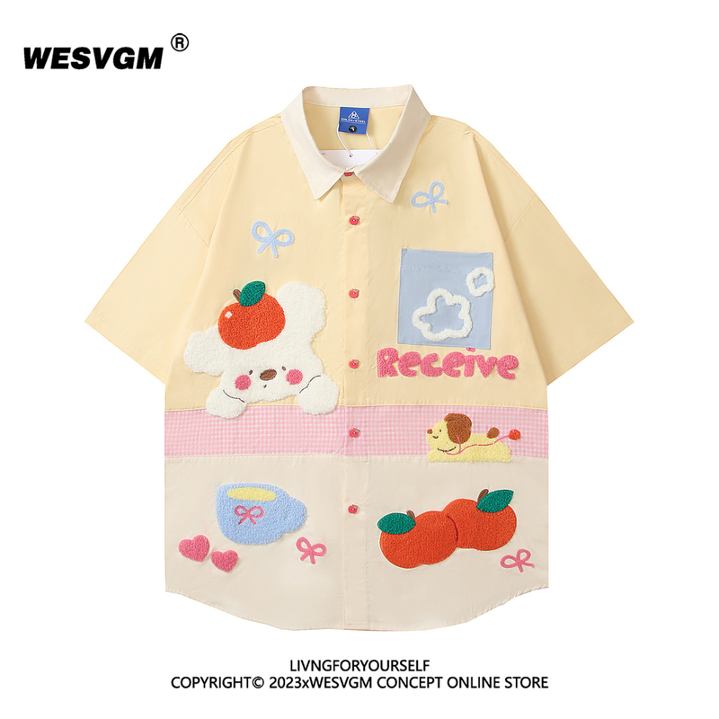 Wesvgm Japanese-Style Fun Cartoon Embroidery Color-Blocking Short-Sleeve Shirt for Men and Women, Summer Loose and Casual Top