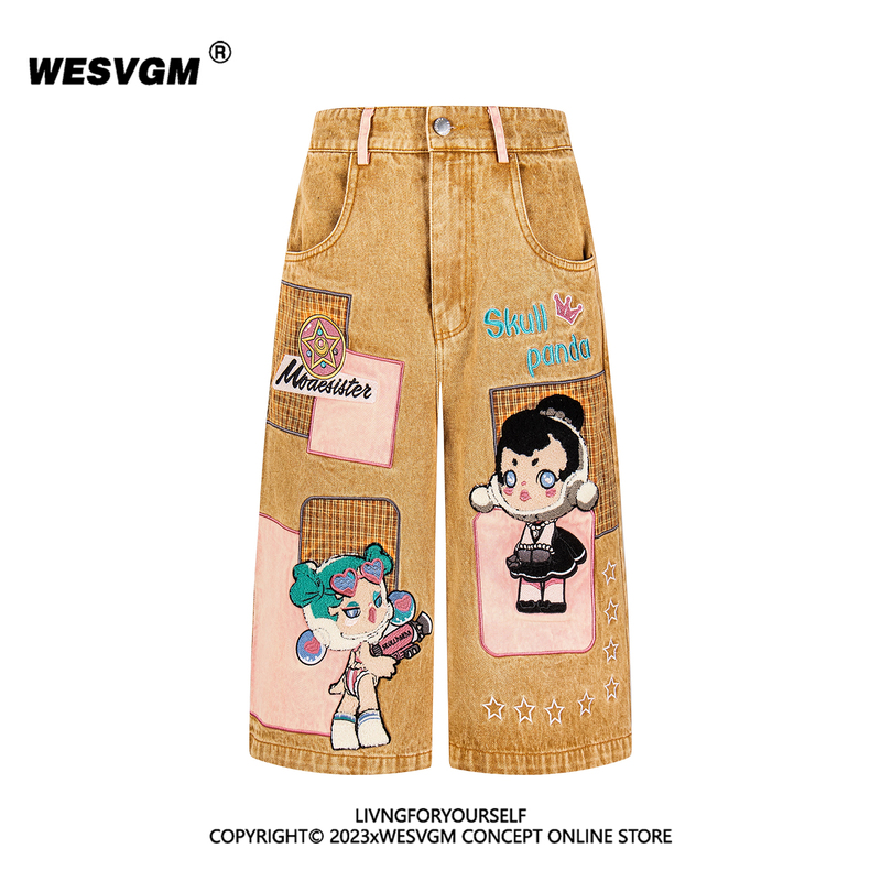 Wesvgm Summer Fun Cartoon Embroidered Denim Shorts for Men and Women, Loose Straight Wide-Leg Mid-Length Pants Trendy