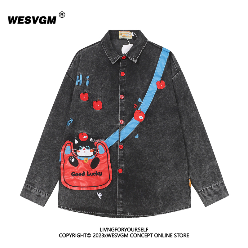 Wesvgm Design-Focused, Unique and Fun Cat-Embroidered Denim Long-Sleeve Shirt for Men and Women, Loose-Fitting Vintage Top for Spring