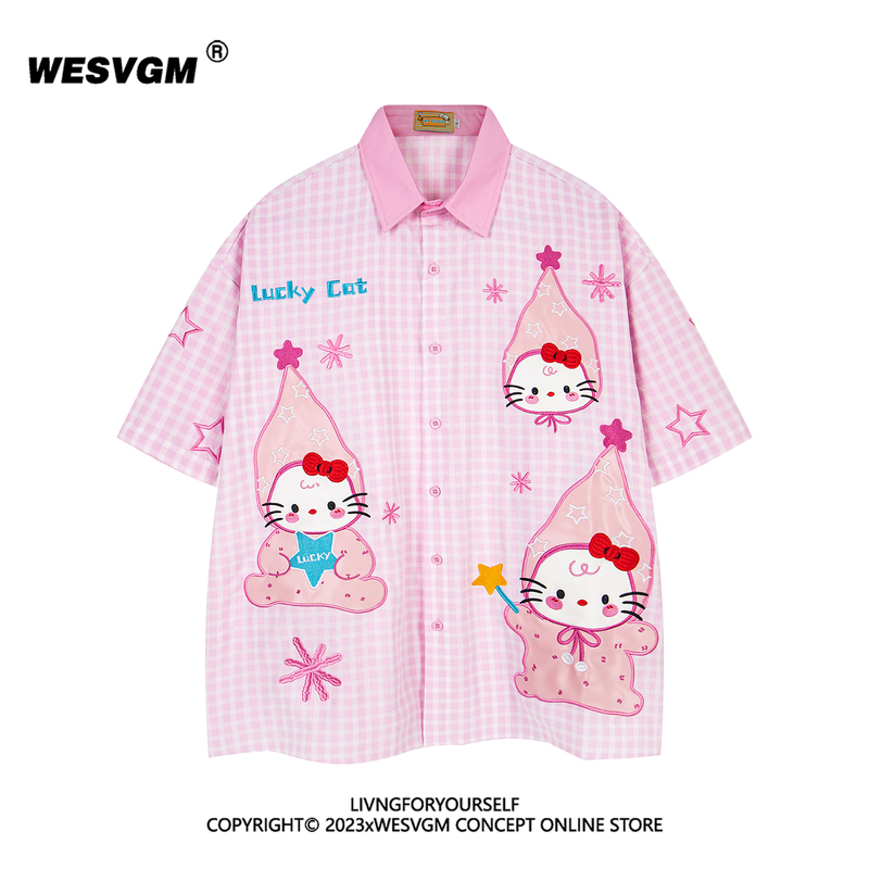 Wesvgm Japanese-Style Fun Cartoon Kt Cat Embroidered Plaid Short-Sleeve Shirt for Women, Summer Loose Design Trendy Top